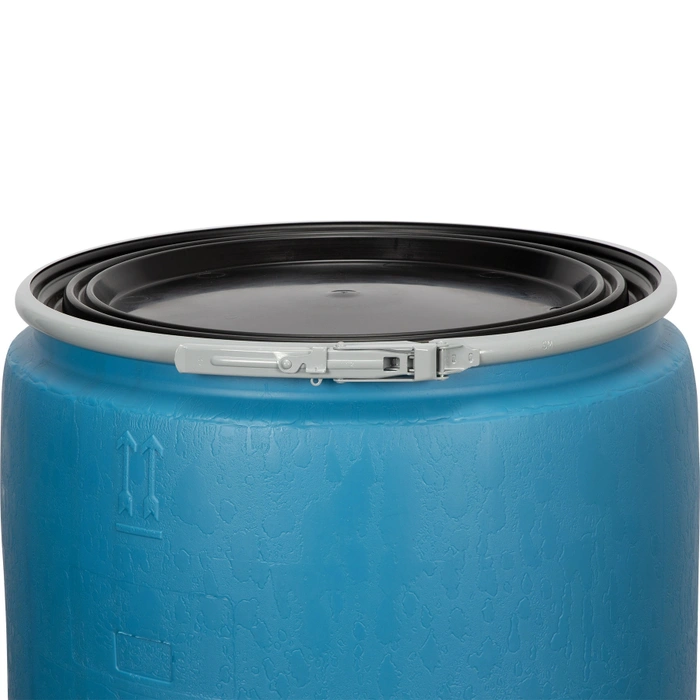 77 Gallon Blue Plastic Drum, Cover w/Lever Lock Ring Closure - Image 2