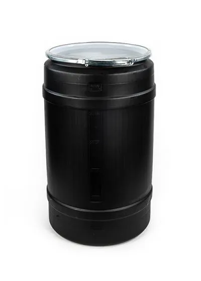 30 GALLON PLASTIC DRUM, OPEN HEAD, UN RATED, LEVER LOCK – BLACK